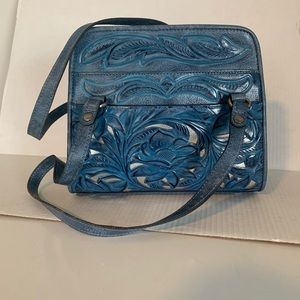 Patricia Nash women’s blue leather shoulder purse floral embossed